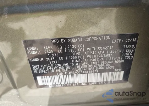 2018 Subaru Outback 2.5I Premium z USA, uszkodzony, nr VIN 4S4BSACC7J3318479